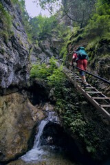 Obraz premium A hiker ascends a series of ladders alongside a waterfall in a narrow gorge.