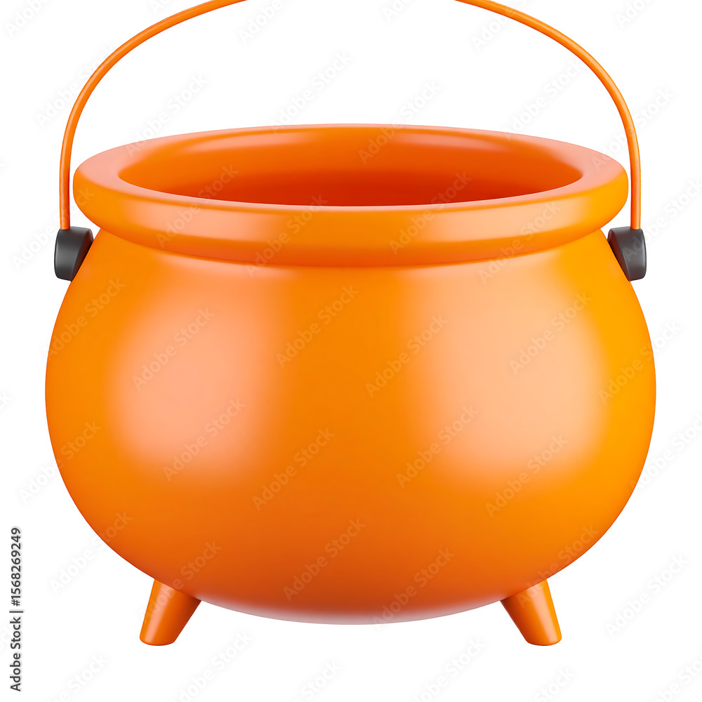 Poster orange cauldron 3d render with curved handles isolated on transparent backdrop soft lighting