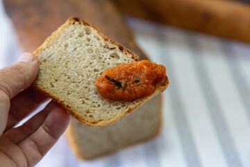 Rustic colonial rye bread, with chimia or pumpkin jam. Well-lit image, clear selective focus on the details of the texture of the bread and the jam, conveying tradition, rusticity and homemade flavor