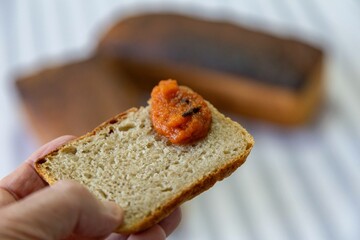 Rustic colonial rye bread, with chimia or pumpkin jam. Well-lit image, clear selective focus on the details of the texture of the bread and the jam, conveying tradition, rusticity and homemade flavor