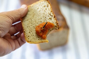 Rustic colonial rye bread, with chimia or pumpkin jam. Well-lit image, clear selective focus on the details of the texture of the bread and the jam, conveying tradition, rusticity and homemade flavor