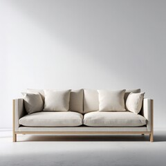 Light-Beige Sofa with Wooden Frame against White Wall