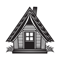 Black and White A-Frame Wooden Cabin Vector Illustration Design