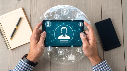 Person using tablet for network connection, global communication, collaboration and teamwork concept on wooden desk.
