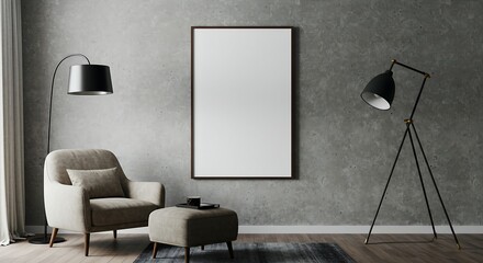 Blank vertical poster frame on concrete wall with modern armchair and floor lamp interior scene focus stacked ultra detailed textures soft moody lighting large copy space for poster generative ai