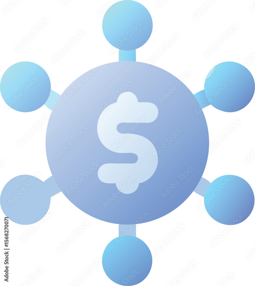 Poster vector art of a blue gradient icon depicting a dollar sign at the center of a connected network, iso