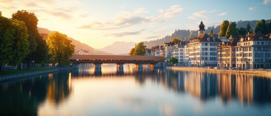 Fototapeta premium Scenic view of a historic European riverside cityscape du sunset featu calm water reflections and lush greenery