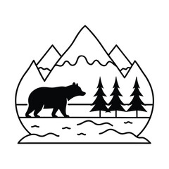 Bear in mountain and pine tree landscape silhouette vector illustration