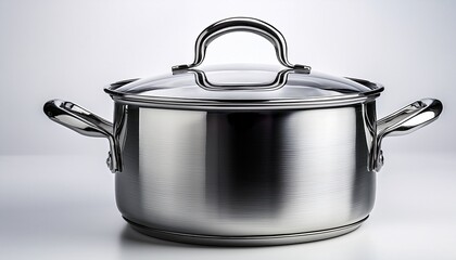 high quality stainless steel cooking pot with lid on white background ideal for kitchen and culinary applications