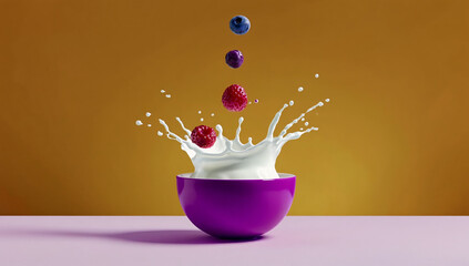 Berry Blast: Fruit Plunging Into Milk with Splash for Healthy Breakfast Concept.