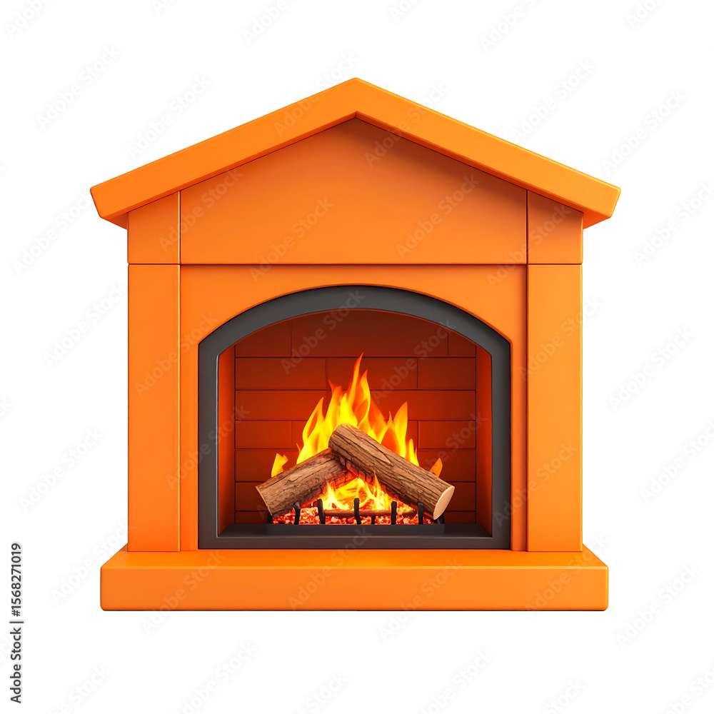 Poster Orange Fireplace Icon 3D Render with Rounded Edges And Stacked Logs on Transparent Background
