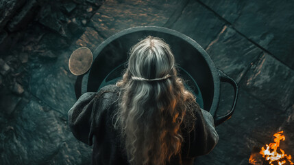 Elderly woman stirring potion in cauldron with long gray hair  