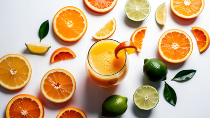 Natural citrus composition featuring a glass of orange juice and sliced fruit, isolated on white for use in health and product-focused visuals