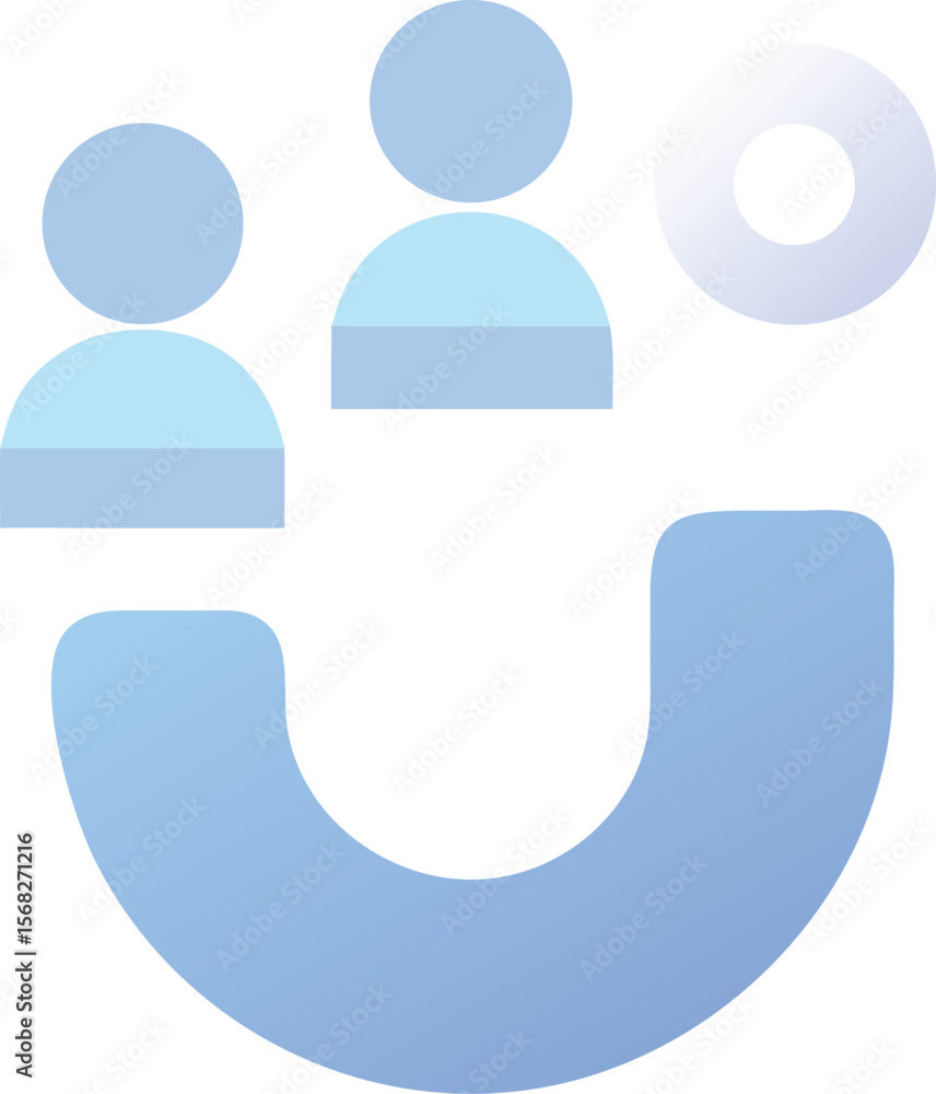 Poster vector art of three people icons arranged in a horseshoe shape with a circular element, isolated on 