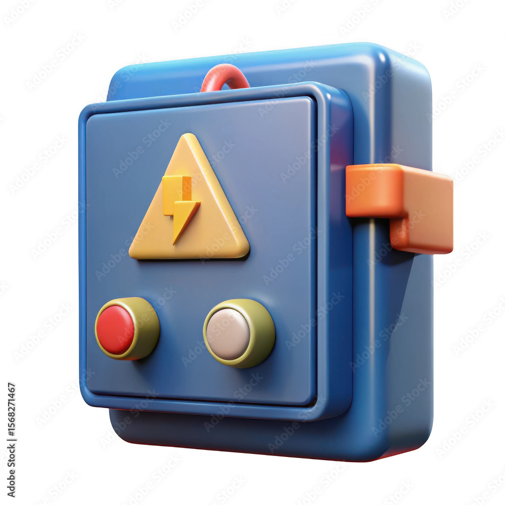 Poster 3d electrical control box with warning symbol isolated on transparent background