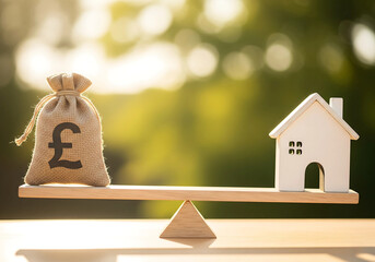 Money Bag with Pound Sign and White House on Wooden Seesaw Representing Investment and Property Balance Outdoors