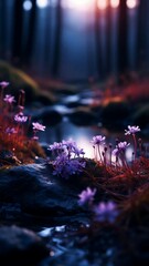Flowers blooming by a stream in a forest at sunset