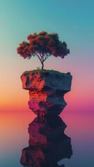 Serene rock formation with a lone tree at sunset