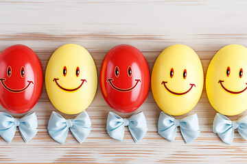 smiley faces with bows on a wooden board