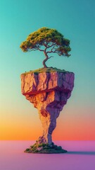 Balancing rock with a lone tree on a grassy island at sunset