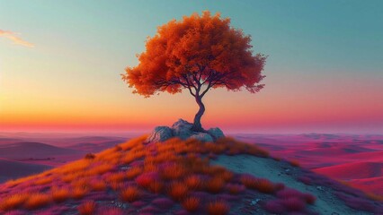 Tree stands on a hill, surrounded by vibrant red and orange grasses, with a stunning sunset sky in the background