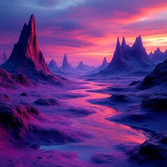 Surreal landscape with purple mountains and a vibrant sunset