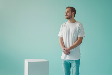young man in white t-shirt without pattern on empty color background