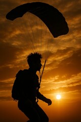 Silhouette of a paratrooper descending against a vibrant orange sunset. This brave adventurer enjoys the thrill of skydiving.