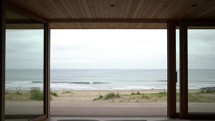 Serene ocean waves gently roll onto a sandy beach seen through expansive glass doors of a modern luxury home, offering a peaceful escape.