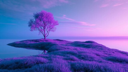Serene landscape with a lone tree on a grassy island at sunset