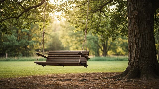 An empty wooden bench swing hangs peacefully from a large tree branch in a sun-drenched park, embodying serene solitude and childhood nostalgia during golden hour.