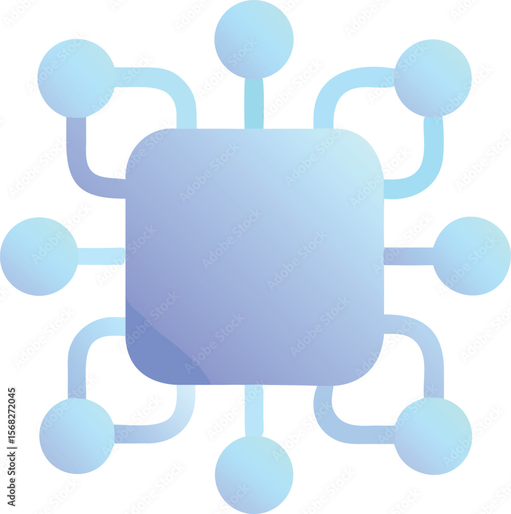 Poster vector art of a blue and purple network icon with a central square connected to surrounding circles 