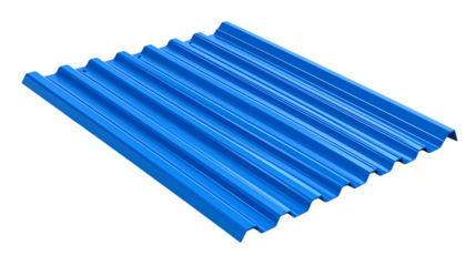 Blue Corrugated Metal Sheet: Durable and stylish blue corrugated metal sheet, perfect for roofing or siding applications.  Shows texture and color detail clearly. 