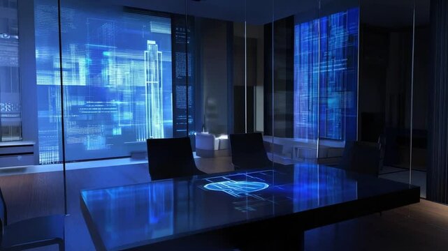 Futuristic Conference Room with Holographic Displays and Interactive Table Interface
