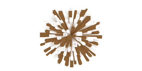 Abstract geometric explosion design with brown and white 3D radial shapes. Modern dynamic composition with cubes, cylinders, and blocks bursting outward. Great for backgrounds, eps10