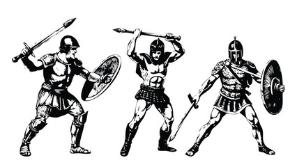 Roman Gladiators Vector Engraving Set. Detailed Monochrome Ancient Warrior Illustrations. Vintage Historical Battle Icons & Symbols