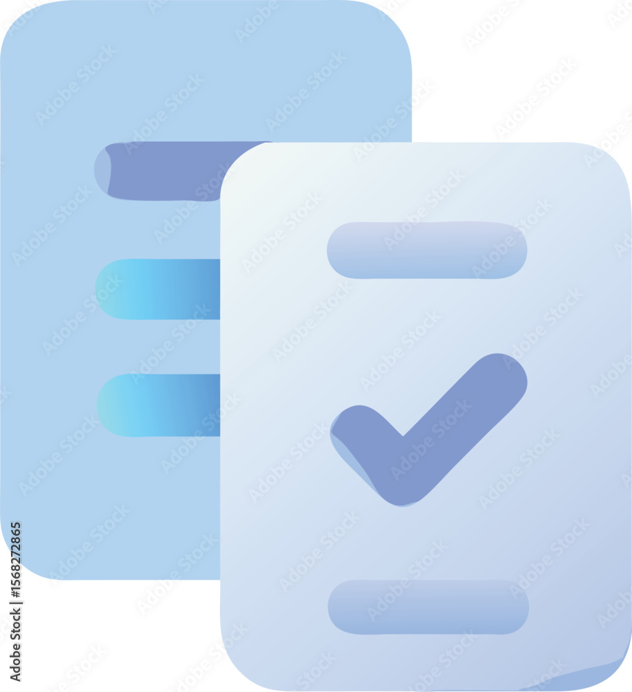 Poster vector art of stylized document icons with a checkmark and lines on a gradient background isolated o