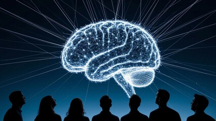 Group of people is watching a glowing image of a brain