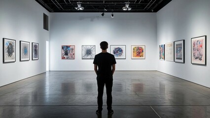 Man stands in a modern art gallery, observing a collection of abstract paintings