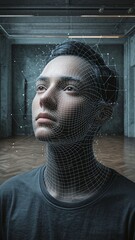 Person with a digital mesh overlay on their face, set in a modern, industrial environment