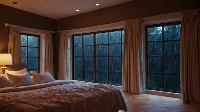 Heavy rain falls outside large windows in a dark, cozy bedroom perfect for relaxation and sleep ambiance in a loop video.