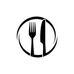 Solid Black Logo of Fork and Knife Inside a Circle