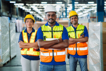 Diverse workfoce team black men,woman factory worker wear safety helmet, safety vest use tablet for...