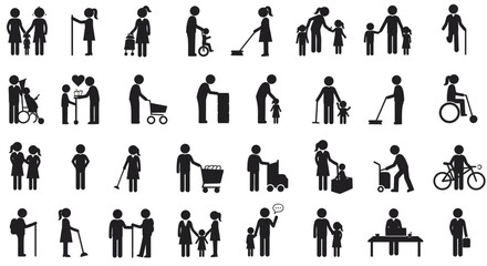 Diverse stick figures depict everyday activities of people interacting in various scenarios on a white background.