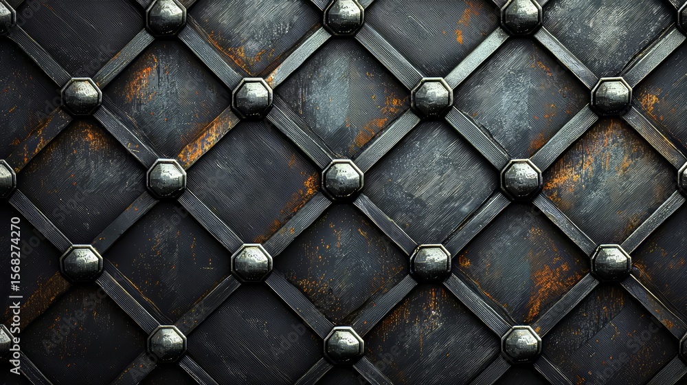 Poster close up of a metal surface with many small metal studs. the surface is old and worn, giving it a ru
