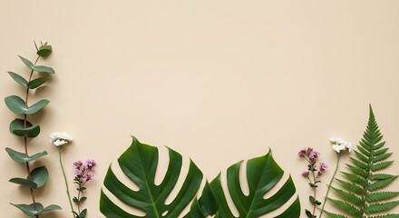 Botanical flat lay eucalyptus monstera fern leaves soft beige background edge-to-edge clarity open space for skincare branding wellness blog generative ai