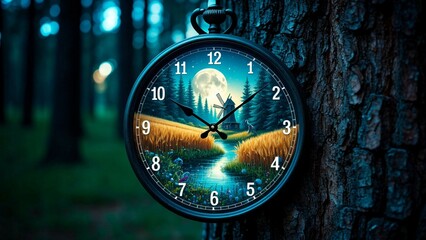 Vintage clock with a scenic landscape of moonlit field, windmill, and river