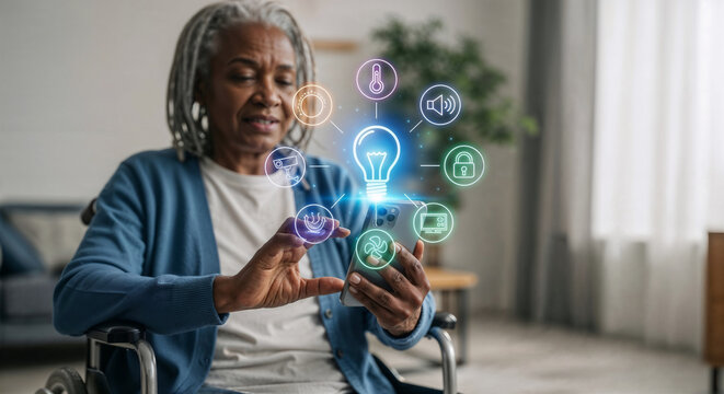 Senior disabled woman sitting in wheelchair and using smartphone app to control house lights, with icons representing various functions of smart home devices floating around lightbulb