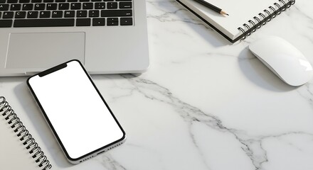 Technology mockup layout silver laptop phone notebook wireless mouse white marble surface soft ambient lighting blank space for digital promo generative ai