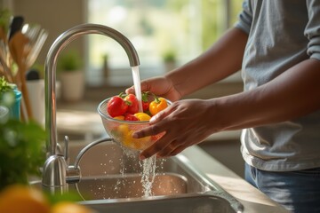 Midsection of biracial man rinsing peppers in colander at sink in sunny kitchen. cooking, food, healthy living and domestic life, unaltered.